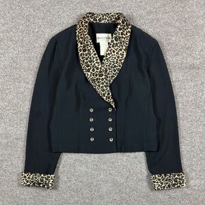 Vintage Leopard Print Shawl Collar Short Black Double Breasted Jacket Women’s M